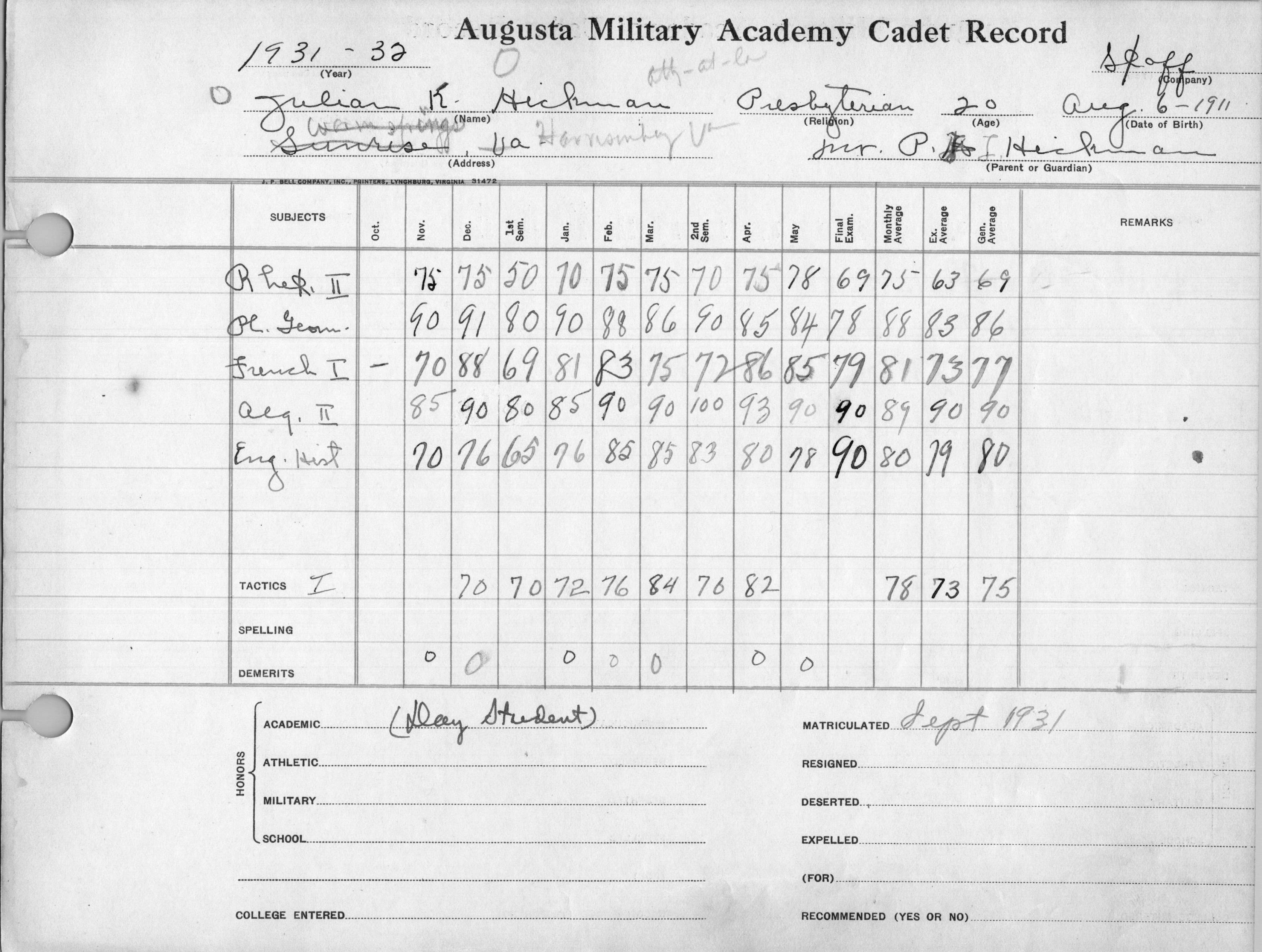 Julian at Augusta Military Academy, 1931-32