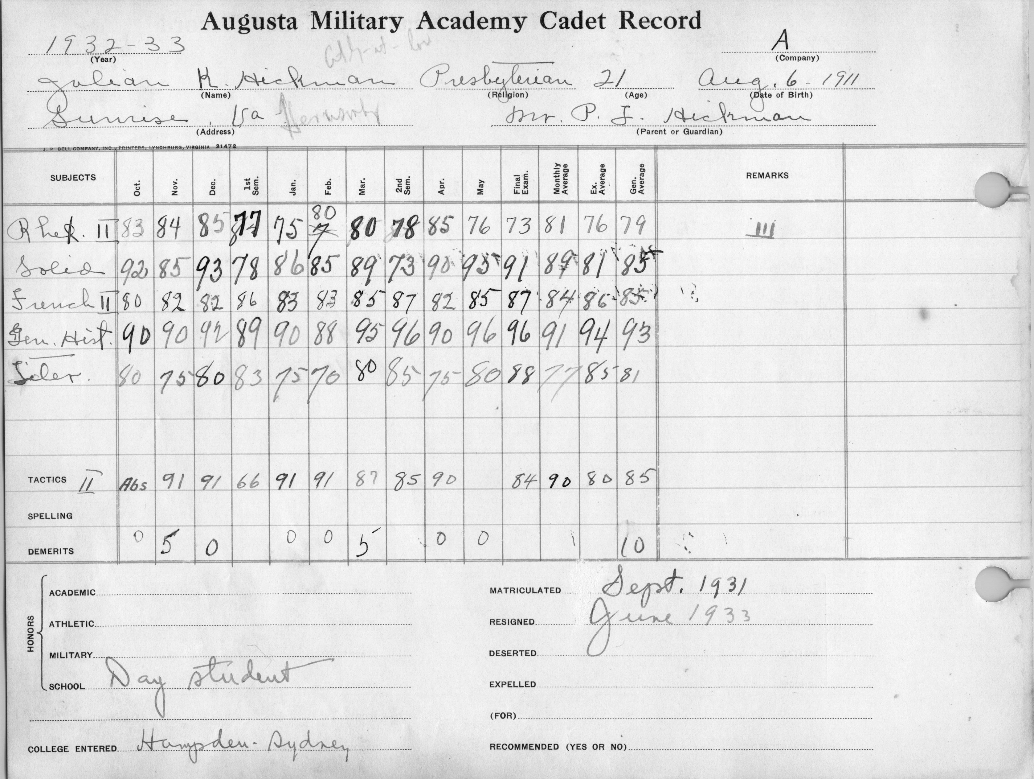 Julian at Augusta Military Academy, 1932-33