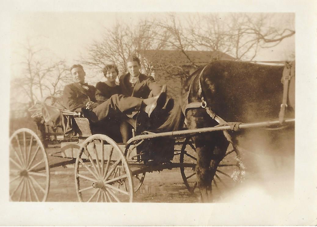 Three people in a horse-drawn buggy